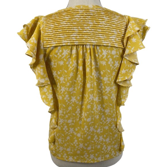 BB Dakota Womens All The Frills Ruffle Crepe V Neck Yellow Floral Blouse Small - Picture 2 of 11